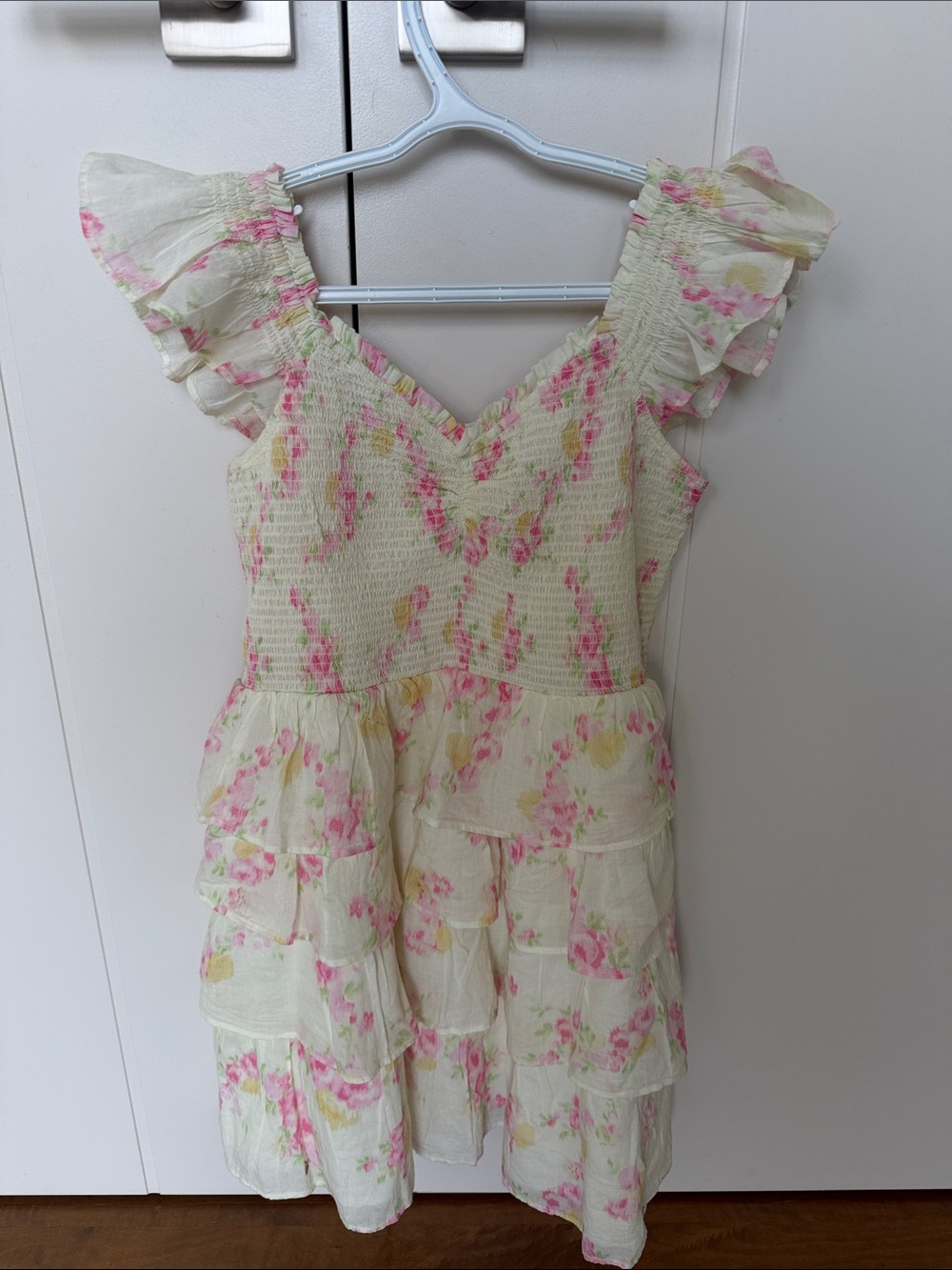 LoveShackFancy Girls Floral Ruffle Tiered Dress - Pink & Cream